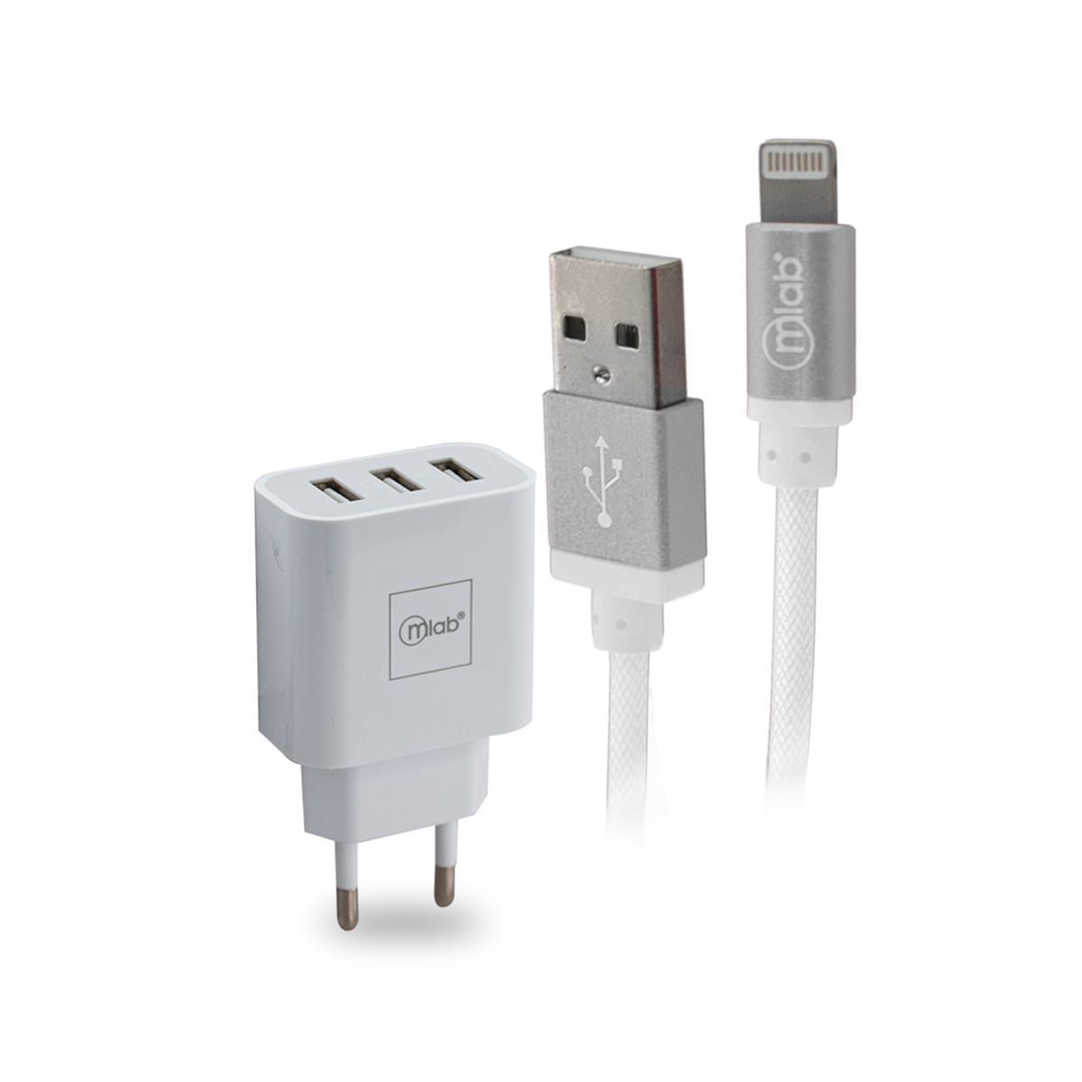 Kit Cargador De Pared + Cable Lightning Microlab 3 puertos Usb 220v Blanco