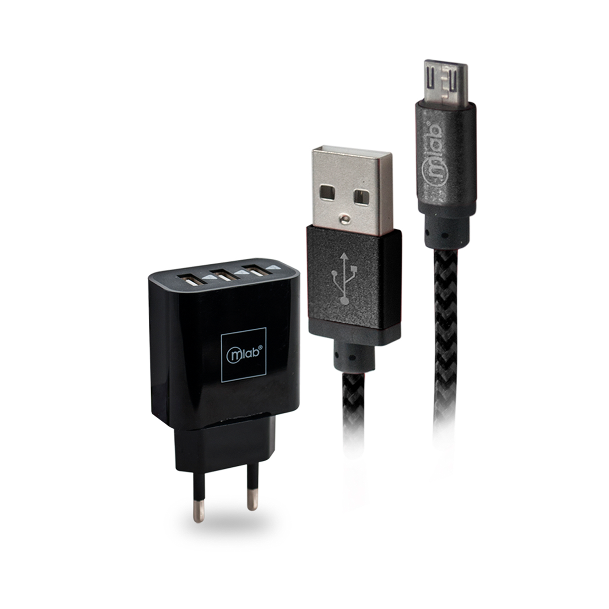 Kit Cargador De Pared + Cable Micro Usb Microlab 3 puertos Usb 220v Negro