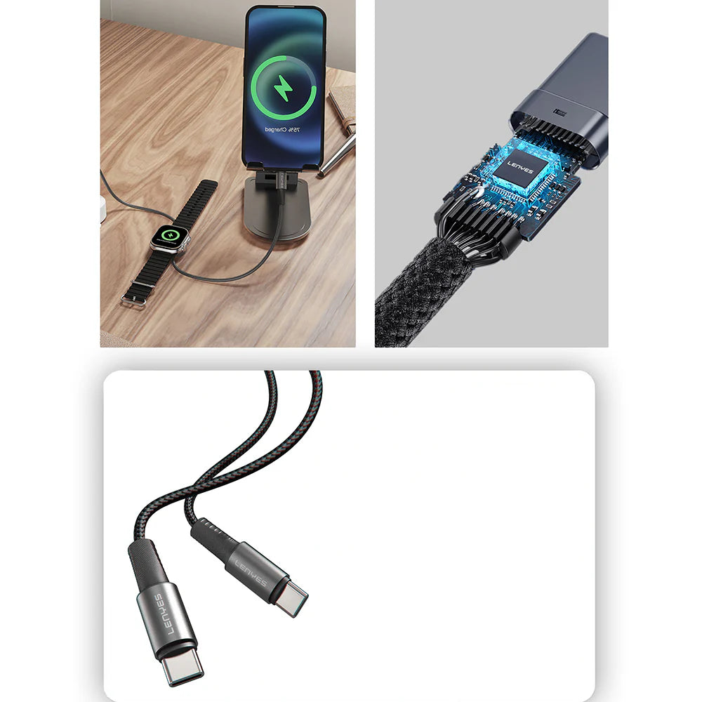 Cable Trenzado Tipo C a Tipo C Lenyes Lc540 + Carga Smartwatch Negro – imagen 2