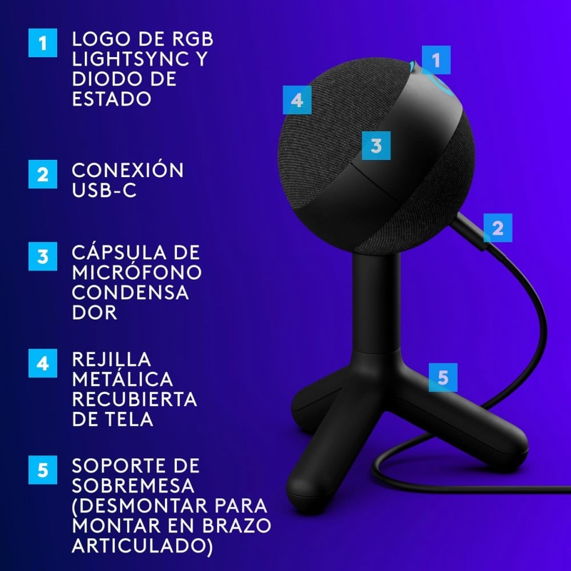 Micrófono Gamer Condensador Logitech G Yeti Orb Negro – imagen 3