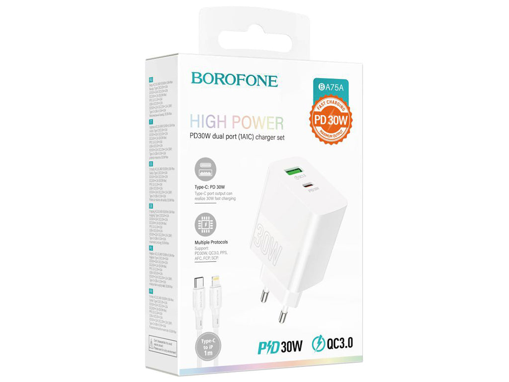 Cargador Borofone Ba75a 30w Qc 3.0 + Tipo C Para Iphone Blanco – imagen 2