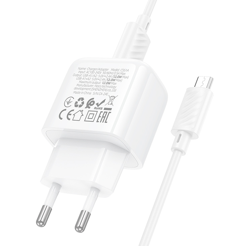 Cargador Hoco Cs51a 12w Dual + Cable Micro Usb Blanco – imagen 2