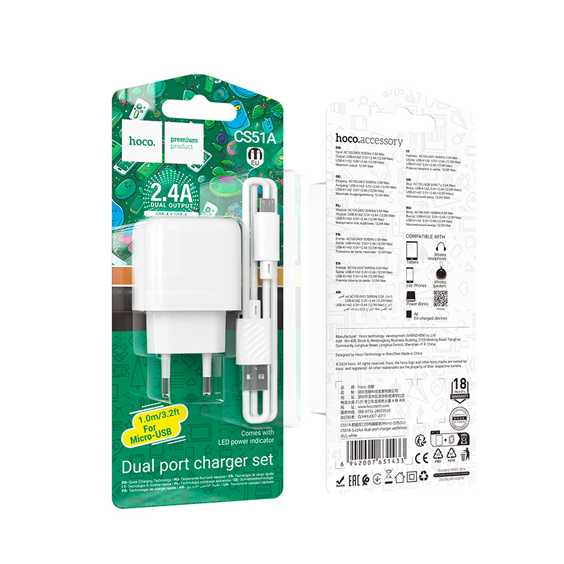 Cargador Hoco Cs51a 12w Dual + Cable Micro Usb Blanco – imagen 3