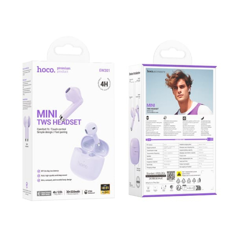 Audífonos In Ear Bluetooth Mini Hoco Ew201 Morado – imagen 2