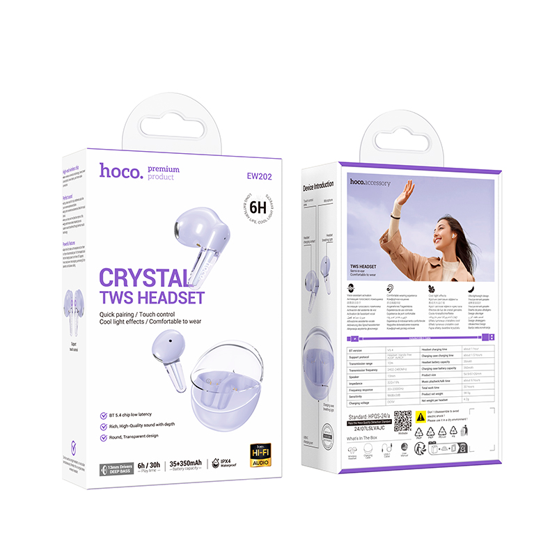 Audífonos In Ear Bluetooth Hoco Ew202 Morado – imagen 3