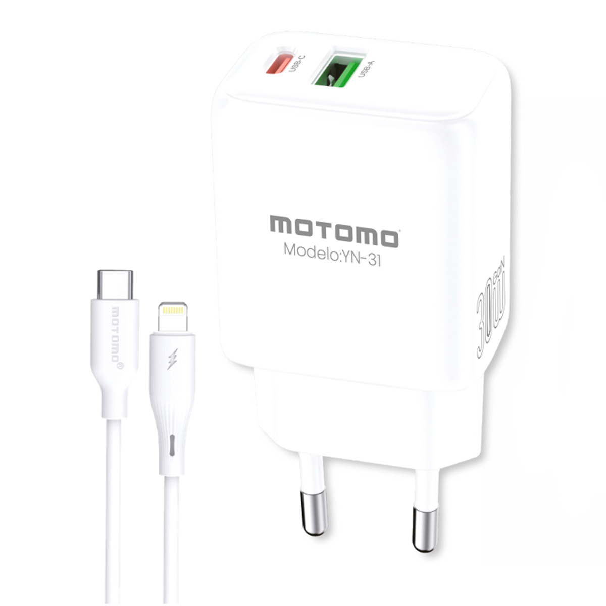 Cargador Rápido Motomo Yn-31 Gan Tipo C 30w + Cable Para Lightning