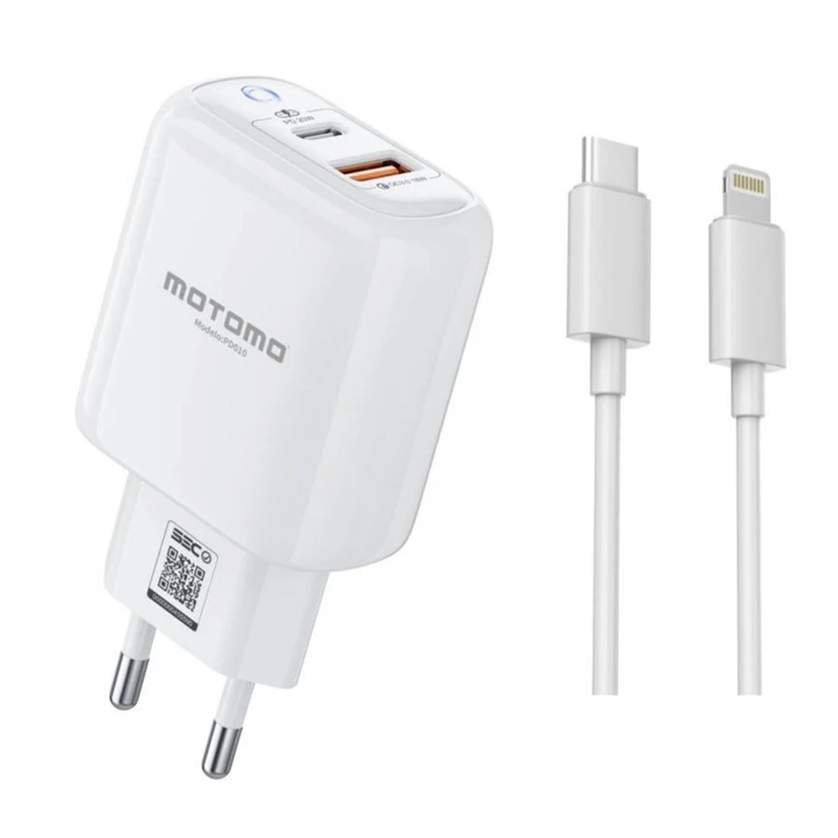 Cargador Motomo Pd010 20w Carga Rapida + Cable Lightning Blanco