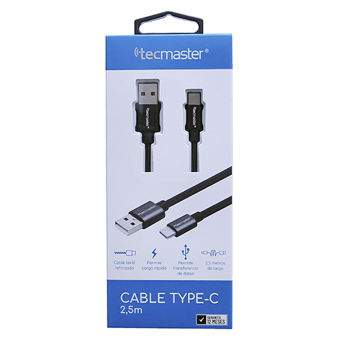Cable Tipo C Reforzado 2.5 Metros Tecmaster Negro