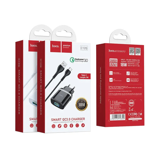 Cargador Hoco C12Q 18w Carga Rapida QC3.0 + Cable Usb Tipo C Negro – imagen 4
