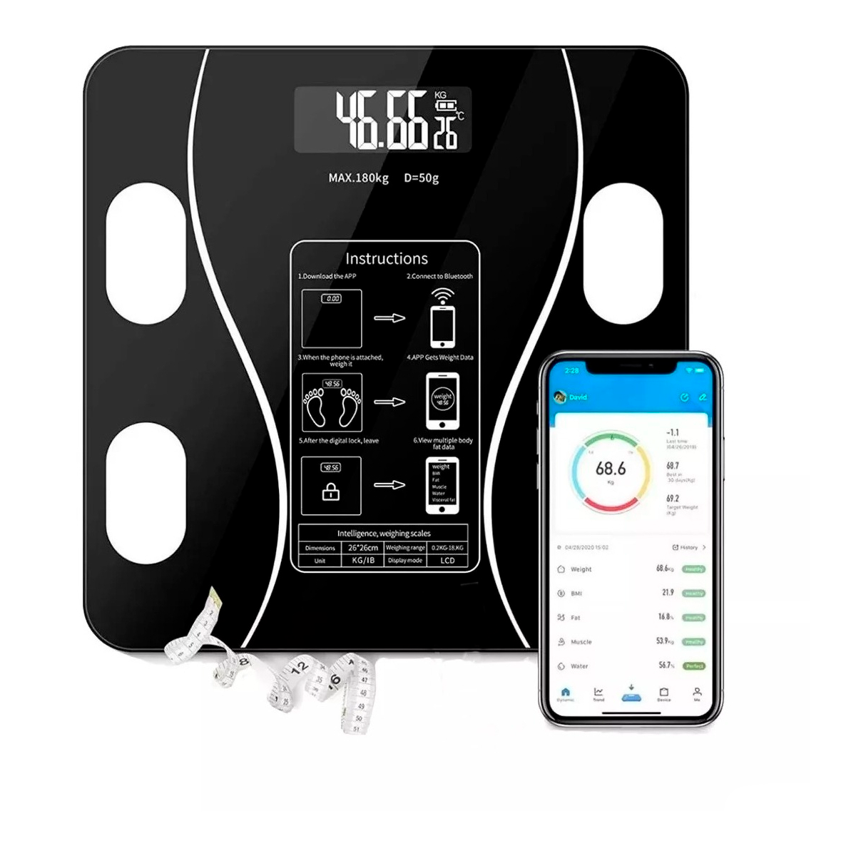 Pesa Digital De Baño Inteligente Recargable Bluetooth App Negro