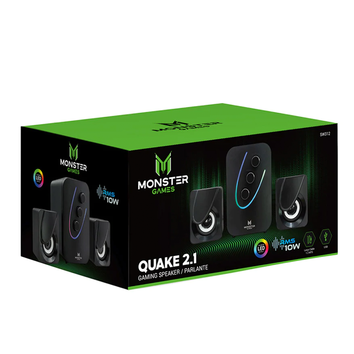 Parlantes Subwoofer Gamer Monster Quake 2.1 Rainbow Negro