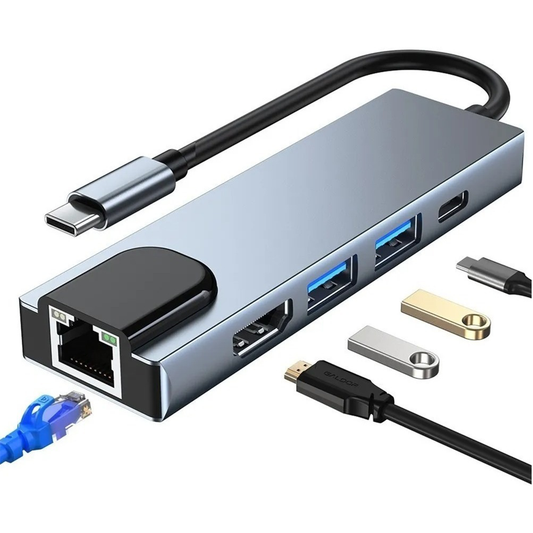Adaptador Hub Usb Tipo C 5 en 1 Hdmi Usb Lan Rj45 Macbook