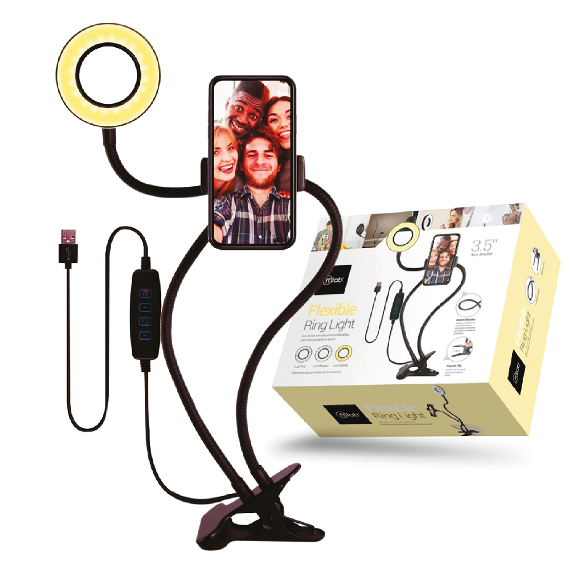 Kit Atril Con Aro De Luz Y Porta Smartphone Flexible Microlab 9063