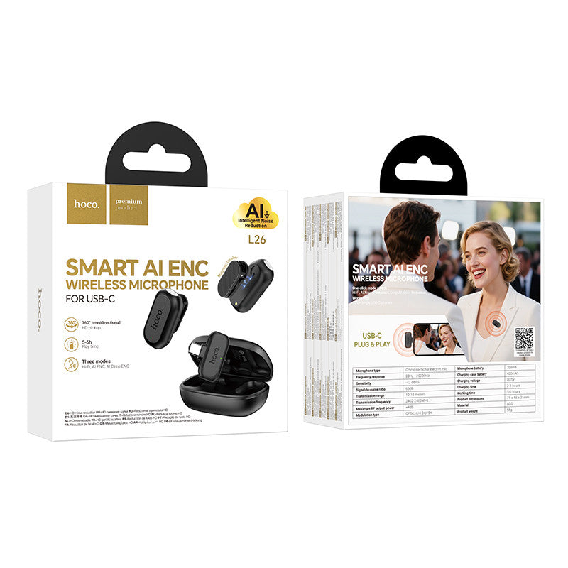 Microfono Externo Inalambrico Enc Smar IA Dual Tipo C Hoco L26 Negro – imagen 2