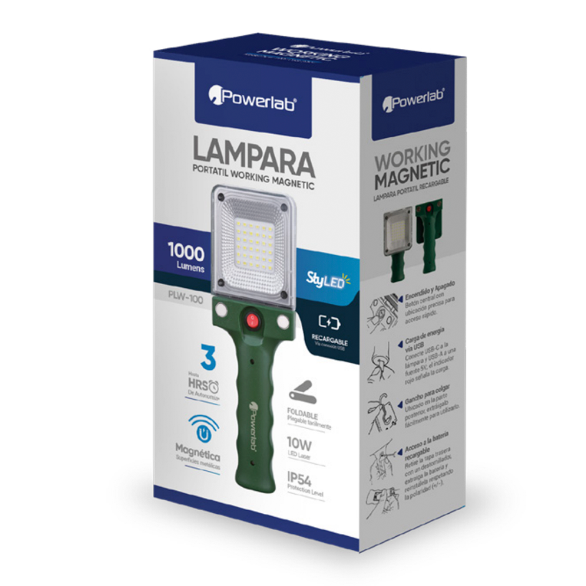 Lampara Portatil Magnetica Powerlab 9724 1000 Lumen Recargable Negro