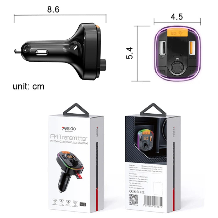 Cargador De Auto Transmisor Bluetooth Yesido Y45 43w Negro – imagen 2