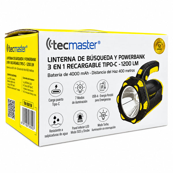 Linterna Powerbank TM-800110 3 en 1 Recargable Tipo-C 1200 Lm