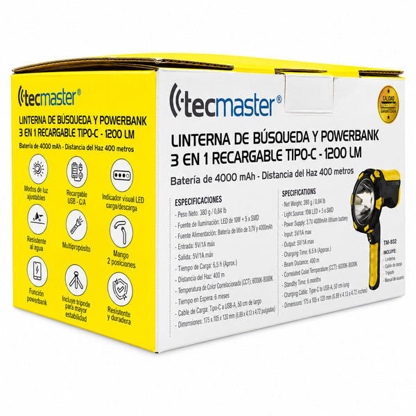 Linterna Powerbank TM-800110 3 en 1 Recargable Tipo-C 1200 Lm