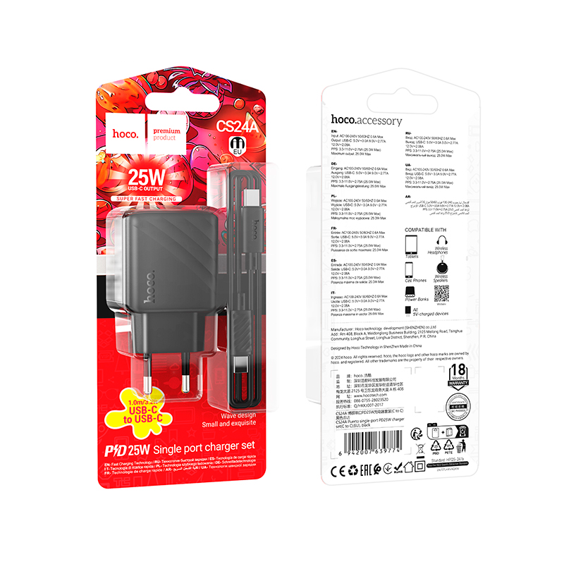 Cargador Carga Rapida Hoco Cs24a 25w + Cable Tipo C Negro – imagen 3