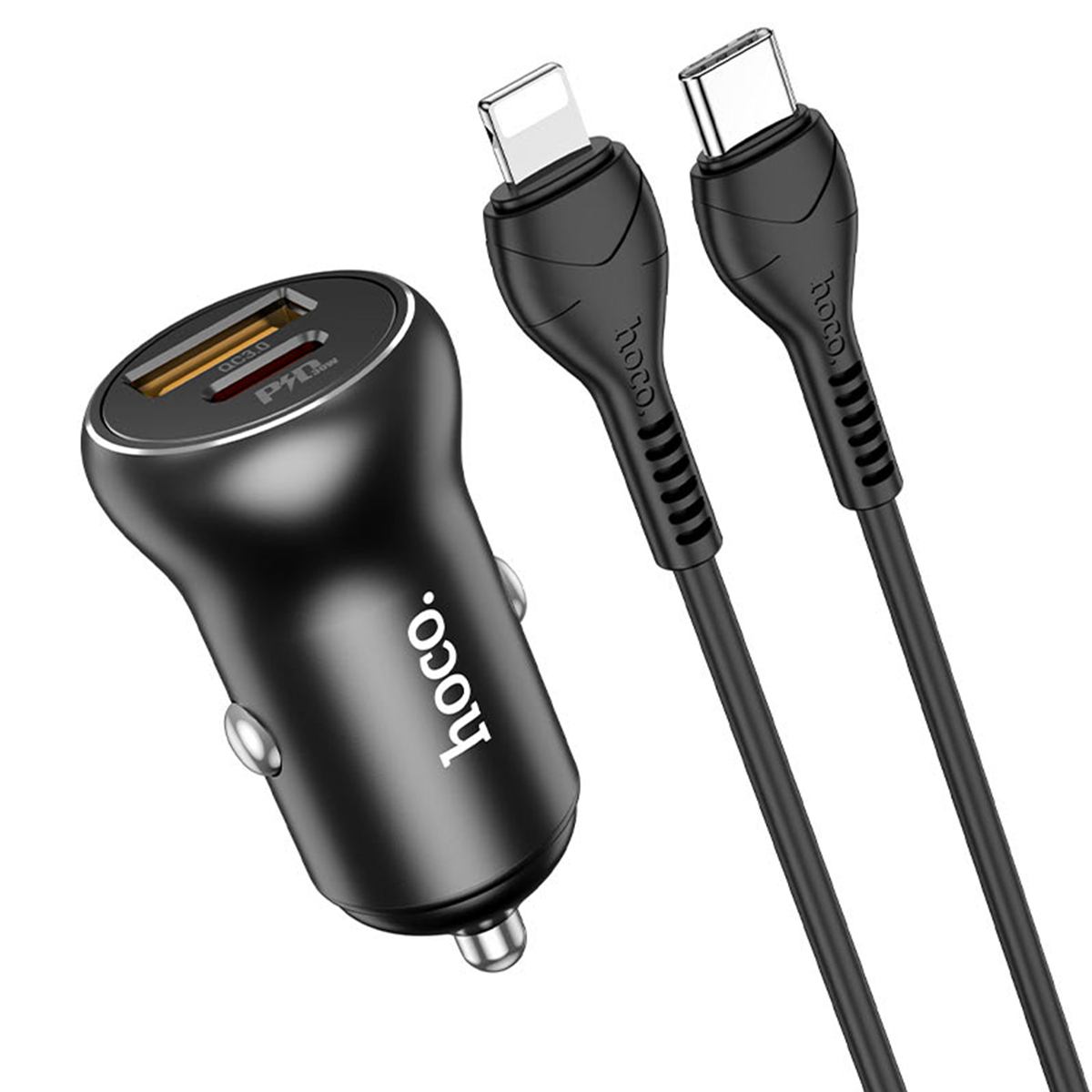 Cargador de Auto Hoco Carga Rapida 30w Nz5 + Cable Lightning Negro