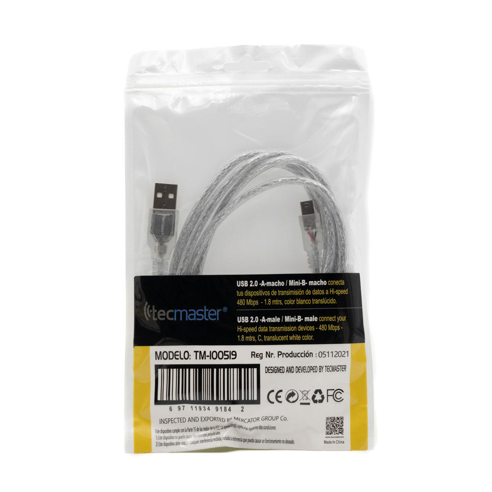 Cable Tecmaster USB-A 2.0 Macho A Mini B-Macho 1,8 Metros Gris – imagen 2