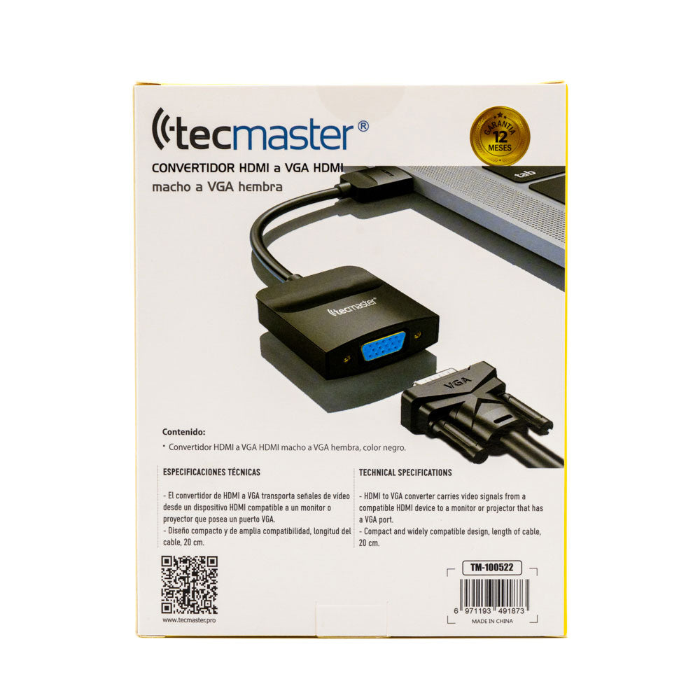 Adaptador De Video Hdmi A Vga Tecmaster 1080p TM-100522 Negro – imagen 2