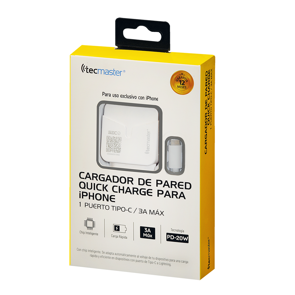 Cargador Tecmaster 20w Tipo C + Cable Tipo C a Lightning Blanco – imagen 3