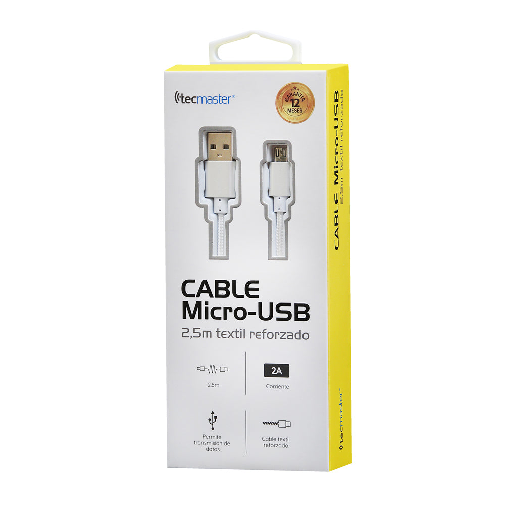 Cable Tecmaster Micro Usb 2,5 Metros Reforzado Gris – imagen 3