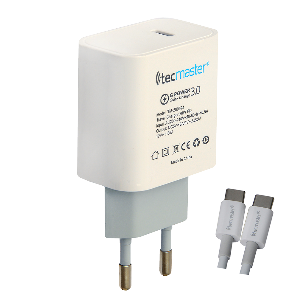Cargador Tecmaster 20w Tipo C + Cable Tipo C Blanco