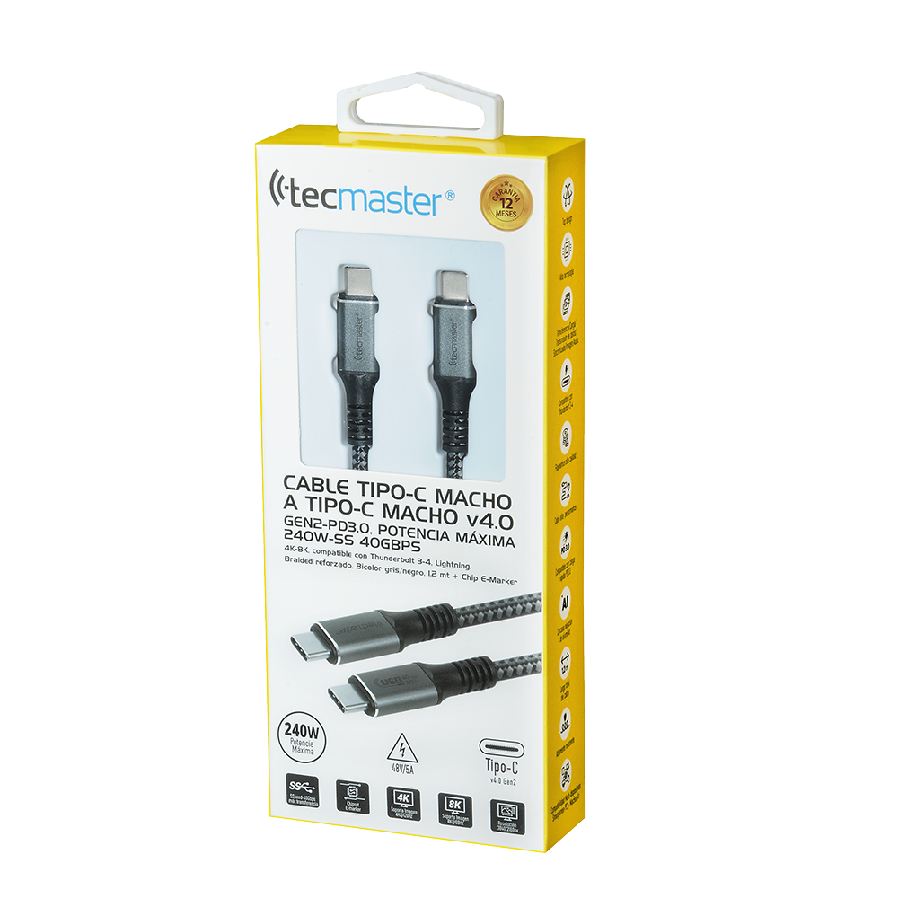 Cable Tipo C a Tipo C 240W 1.2 Metro Reforzado Tecmaster Gris – imagen 3