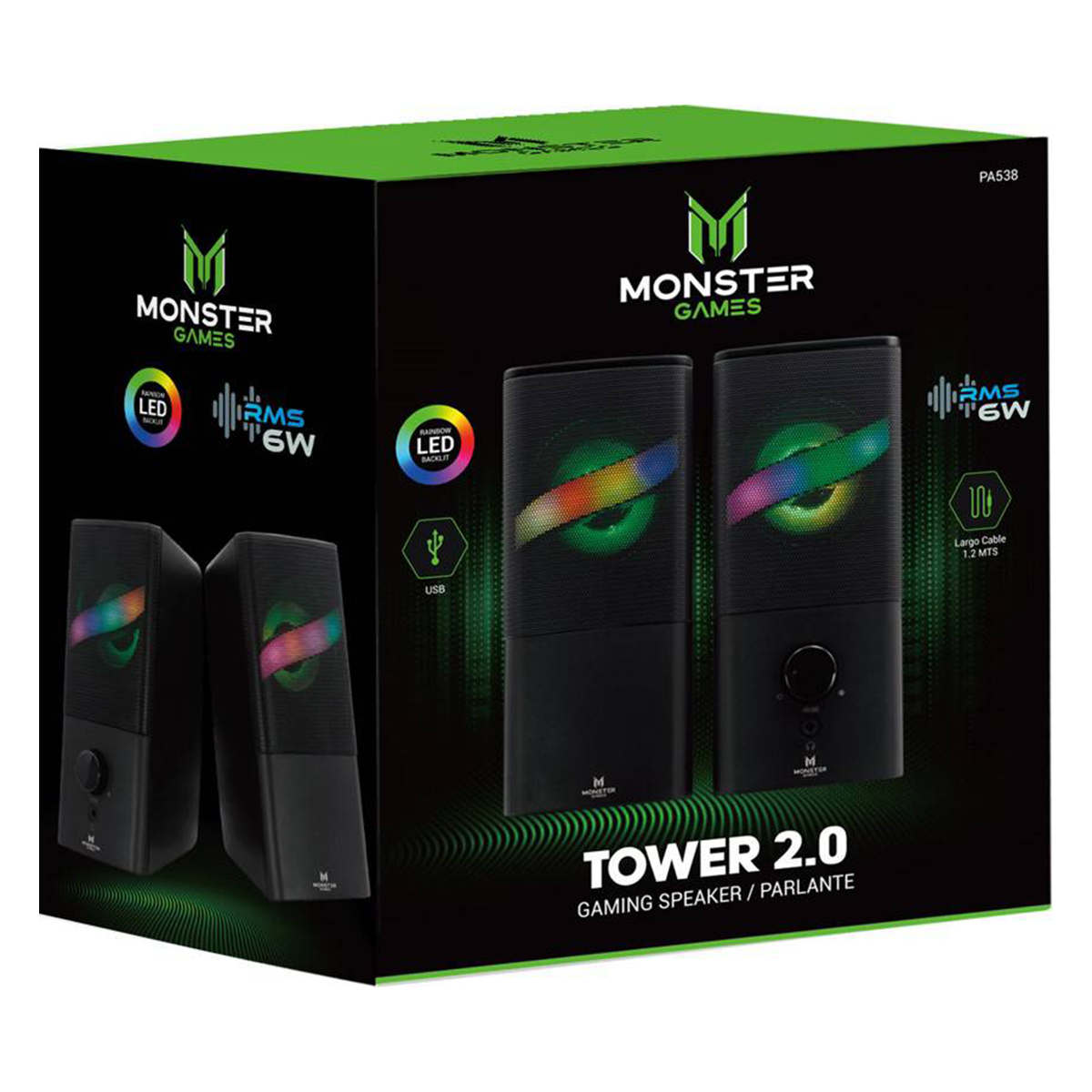 Parlantes Gamer Monster Tower 2.0 Retroiluminado Negro