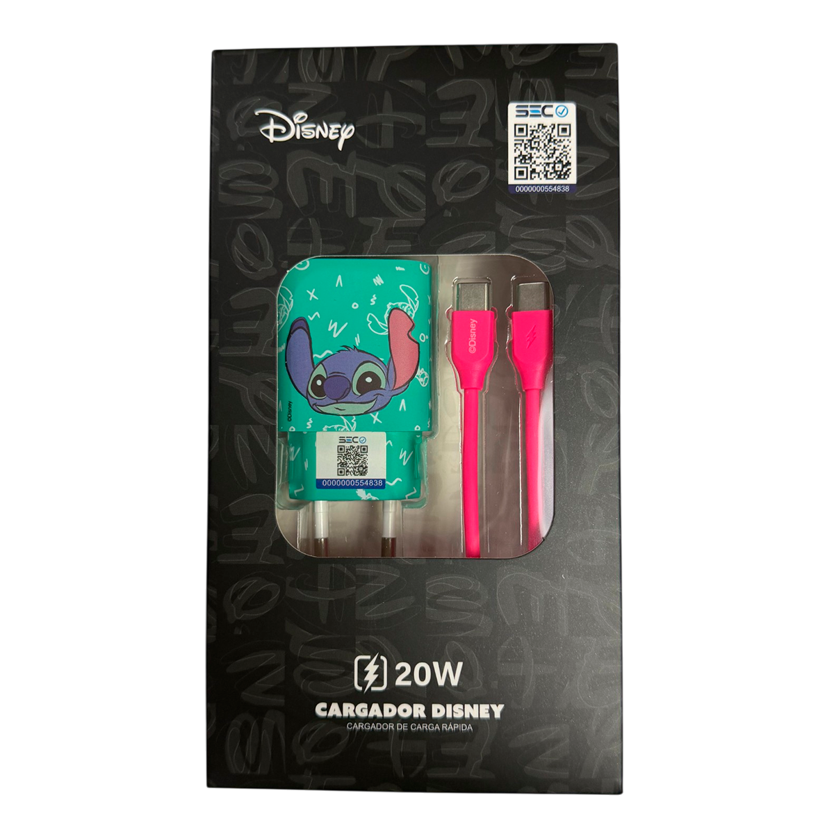 Cargador Rapido Disney 20w Dual Usb + Cable Tipo C Stitch Verde
