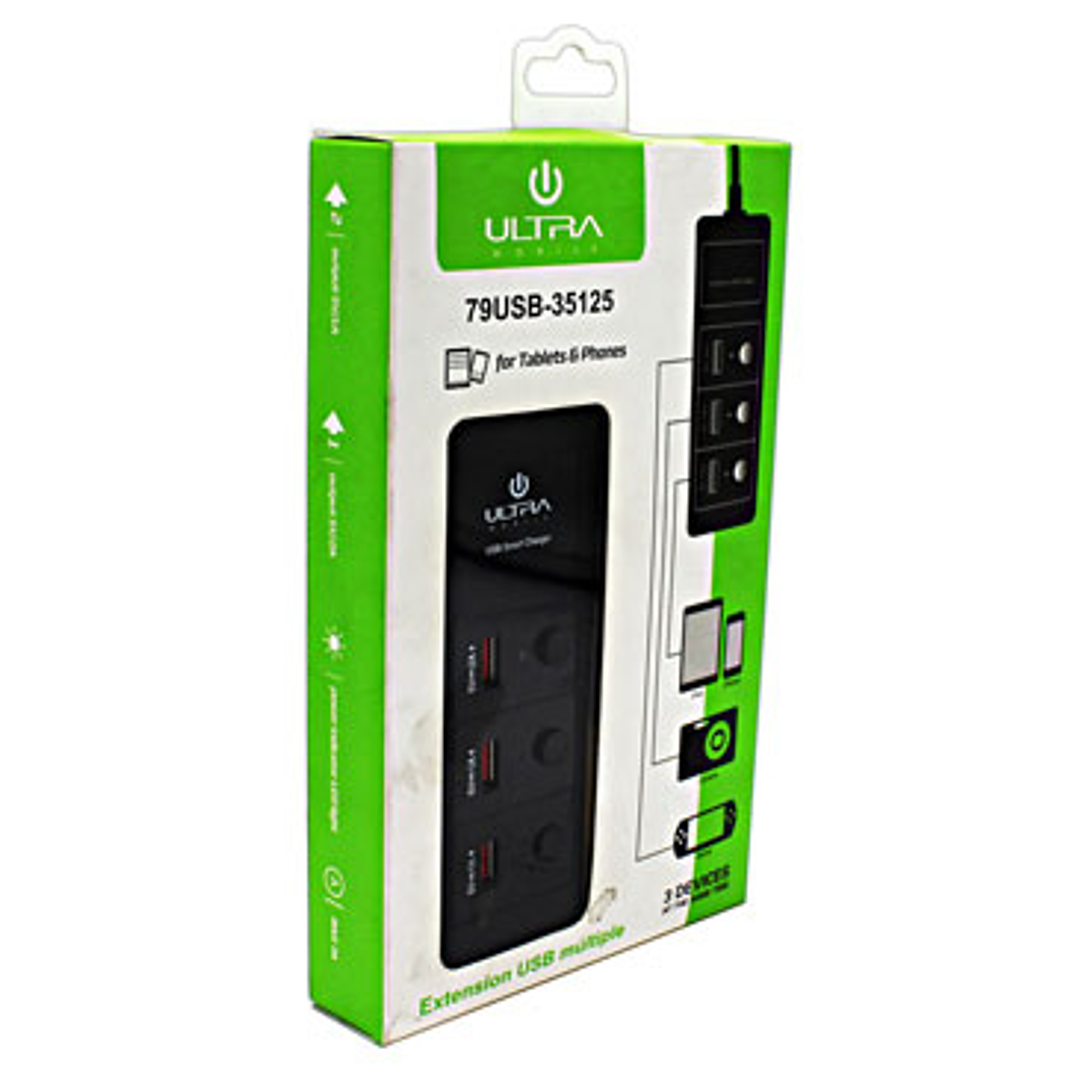 Extensor Usb Multiple Ultra 220V 3 Usb 2a Negro
