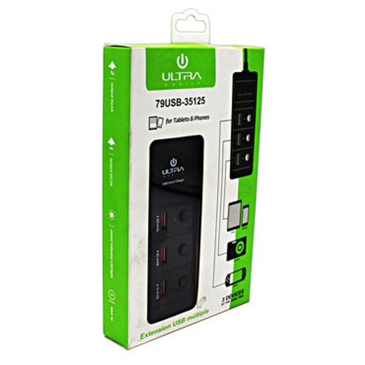 Extensor Usb Multiple Ultra 220V 3 Usb 2a Negro