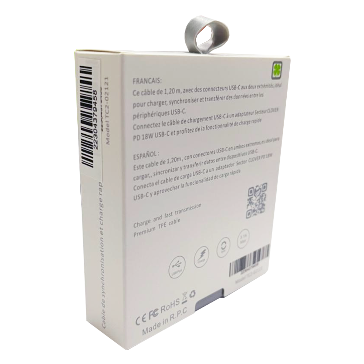 Cable Tipo C a Tipo C Clover 1.2 Metros Blanco – imagen 2