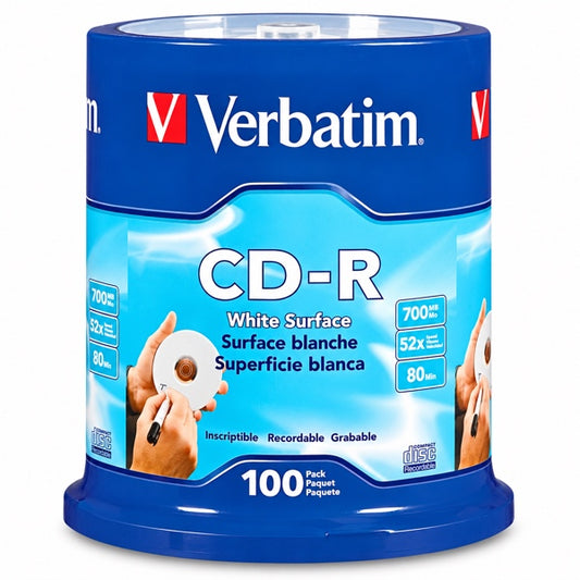 CD-R Verbatim 52x 700MB 80 min Superficie Blanca Torta 100 Unidades