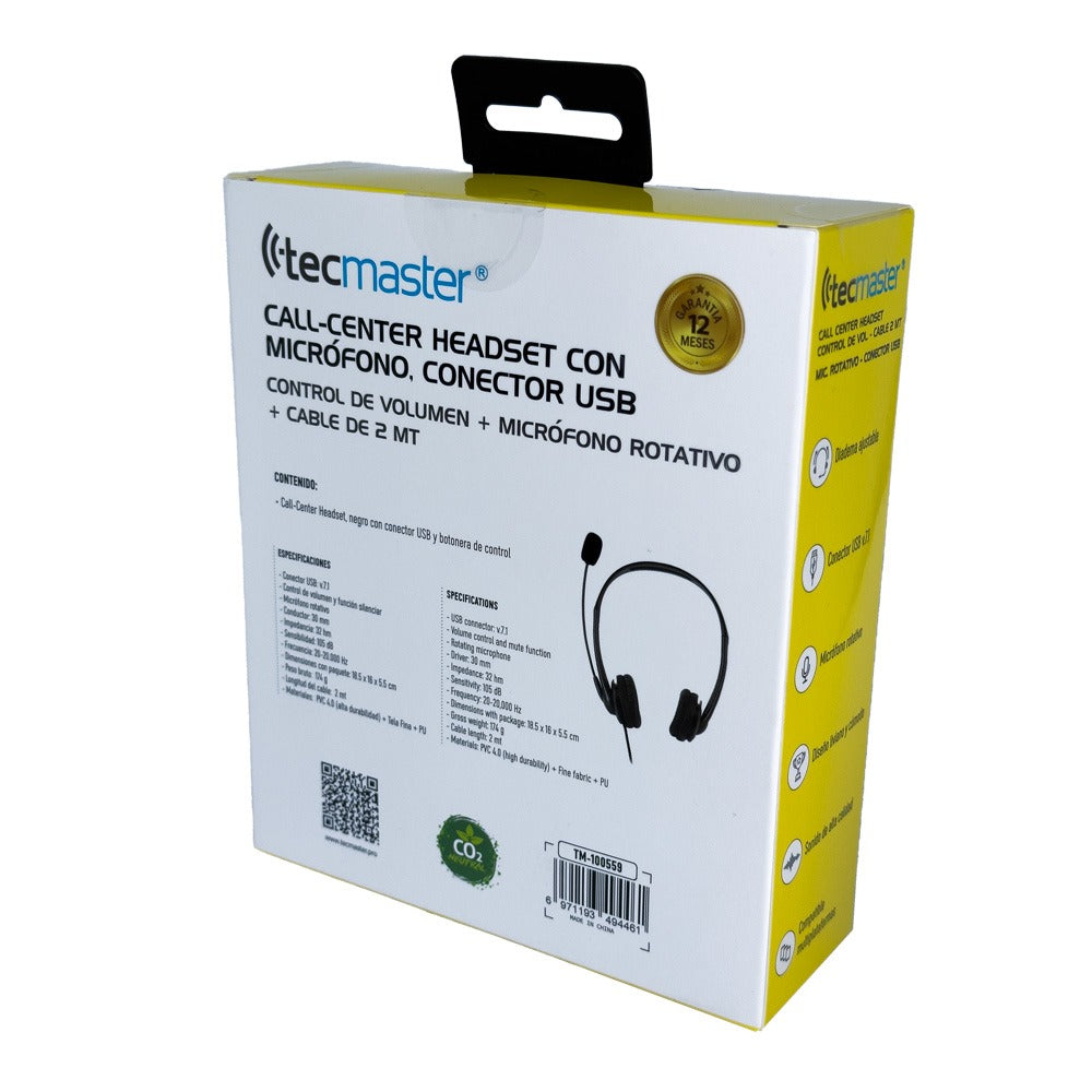 Audifonos Con Cable Call Center Tecmaster Usb TM-100559 Negro – imagen 2