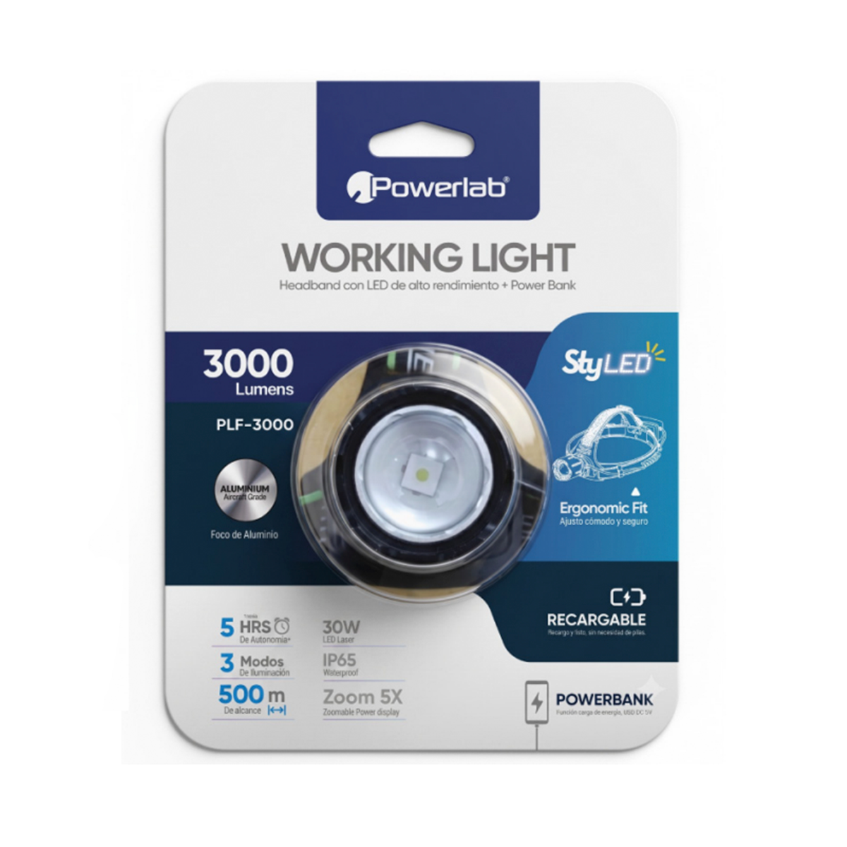 Linterna De Cabeza Powerlab 9719 3000 Lumen Recargable Gris