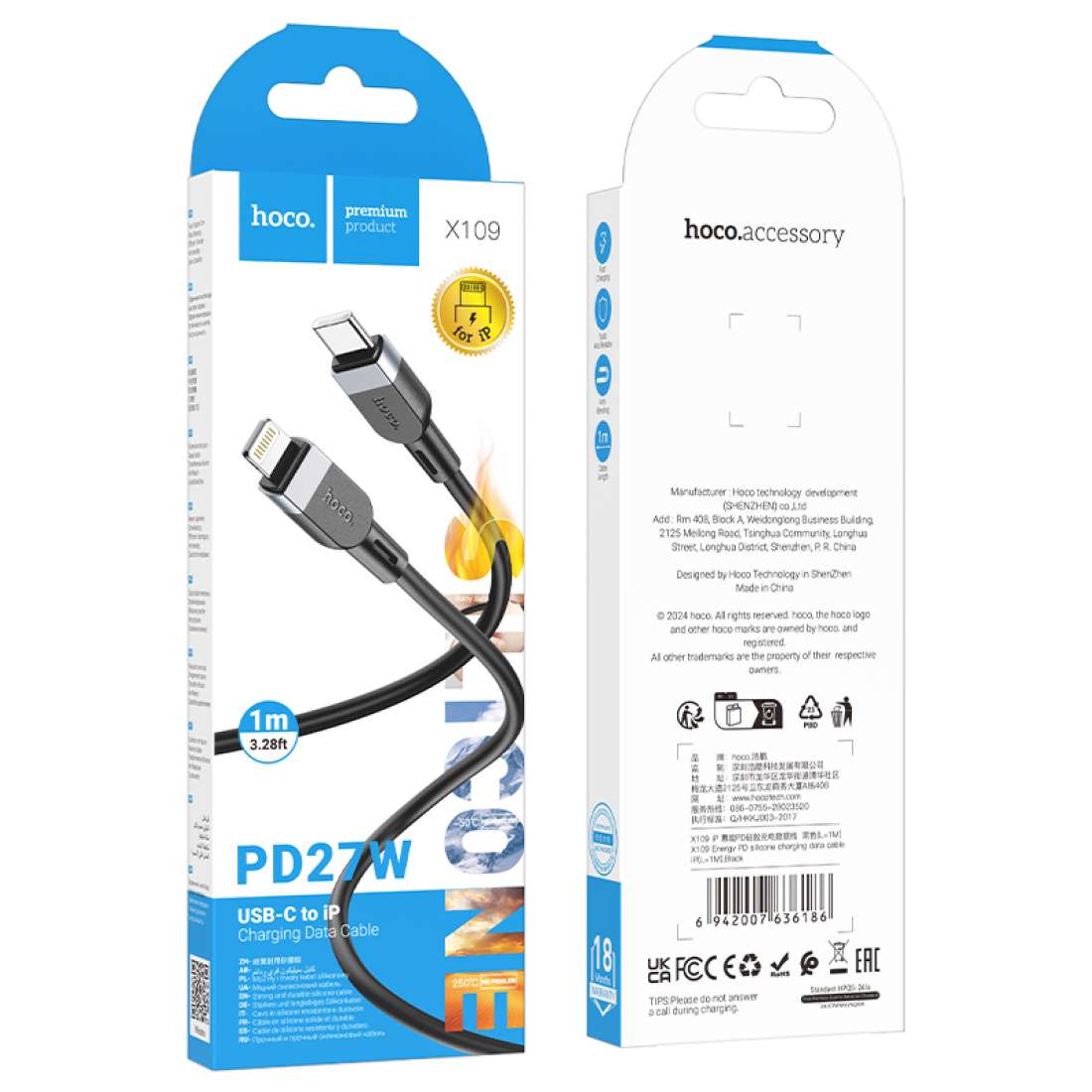 Cable Tipo C a Lightning Hoco X109 1 Metro Negro – imagen 2