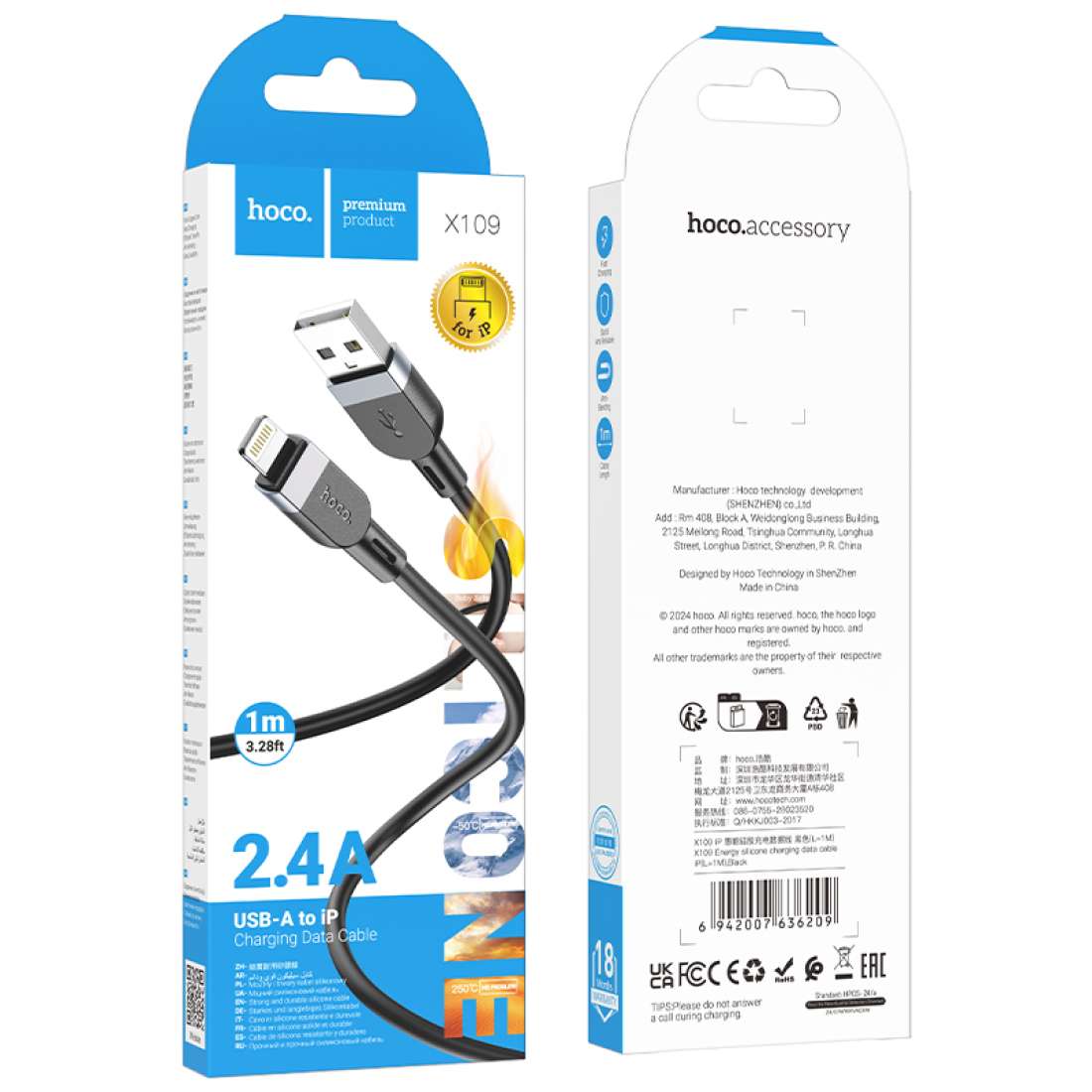 Cable Usb a Lightning Hoco X109 1 Metro Negro – imagen 2