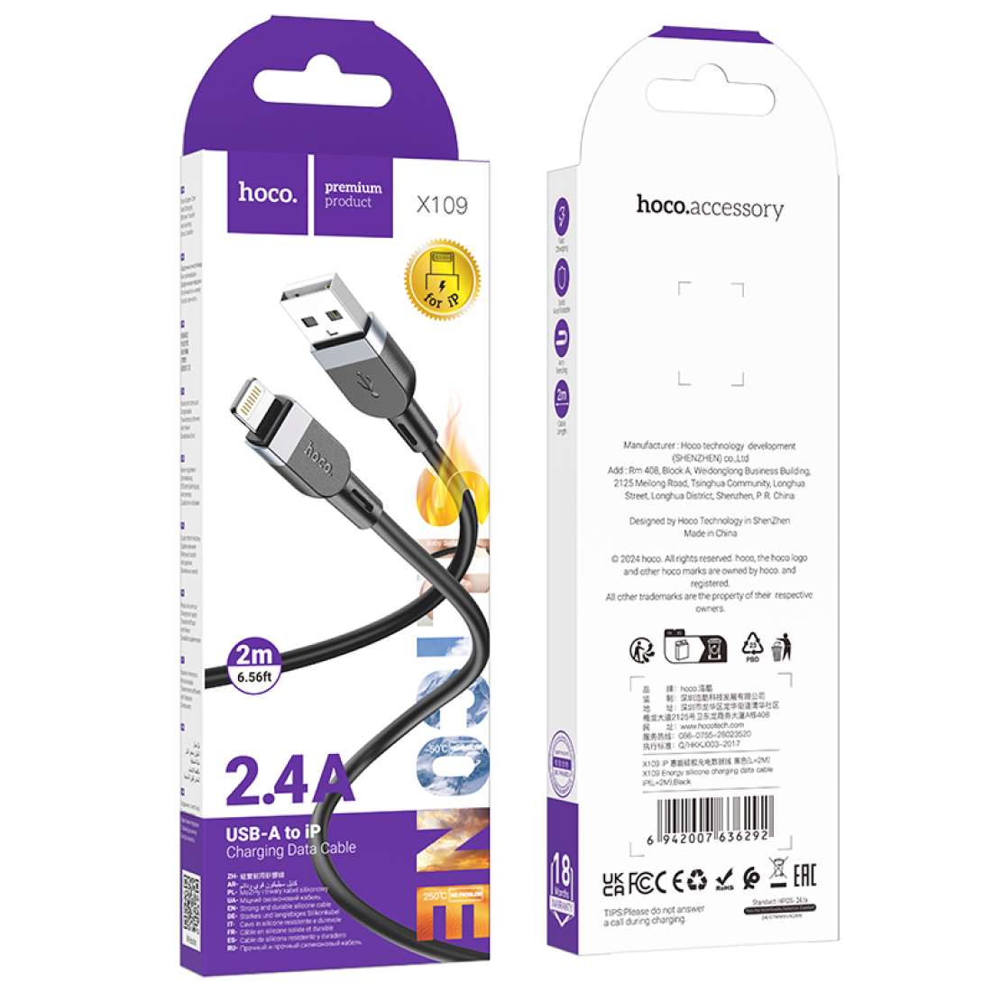 Cable Usb a Lightning Hoco X109 2 Metro Negro – imagen 2