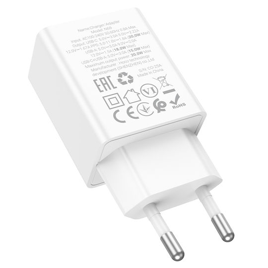 Cargador Rápido Hoco N69 20W USB-C + USB-A QC 3.0 Blanco - vista 3